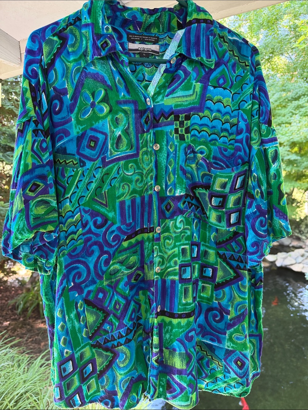 Vintage Options Vibrant Blue and Green Abstract Print Button-Up Hawaiian Blouse